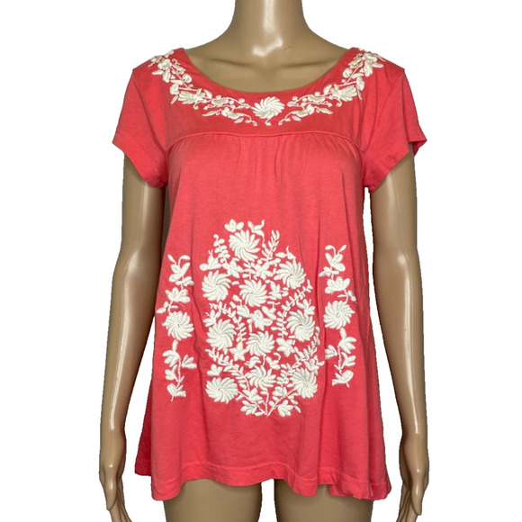 Women's Small Garnet Hill Orange Floral Embroidered Cotton Blend T-Shirt - Picture 1 of 5